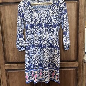 Lilly Pulitzer Blue Elephant Print Dress Small 3/4 Sleeve Cotton Shift